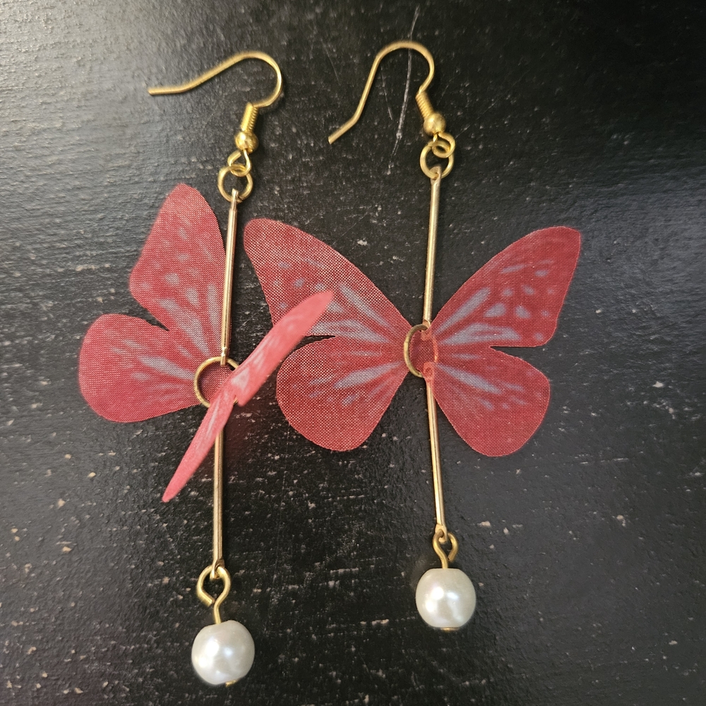 ⭐️Handmade Brand New Sheer Red Butterfly Hanging Dangle Earrings 2.5" Long